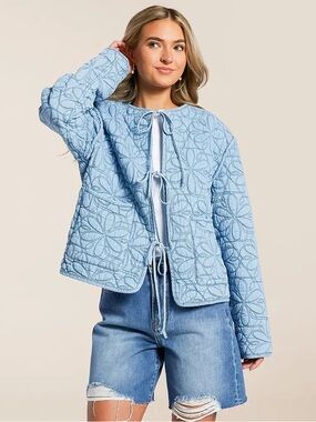 C&C California Light Blue Quilted Tie-Front Jacket